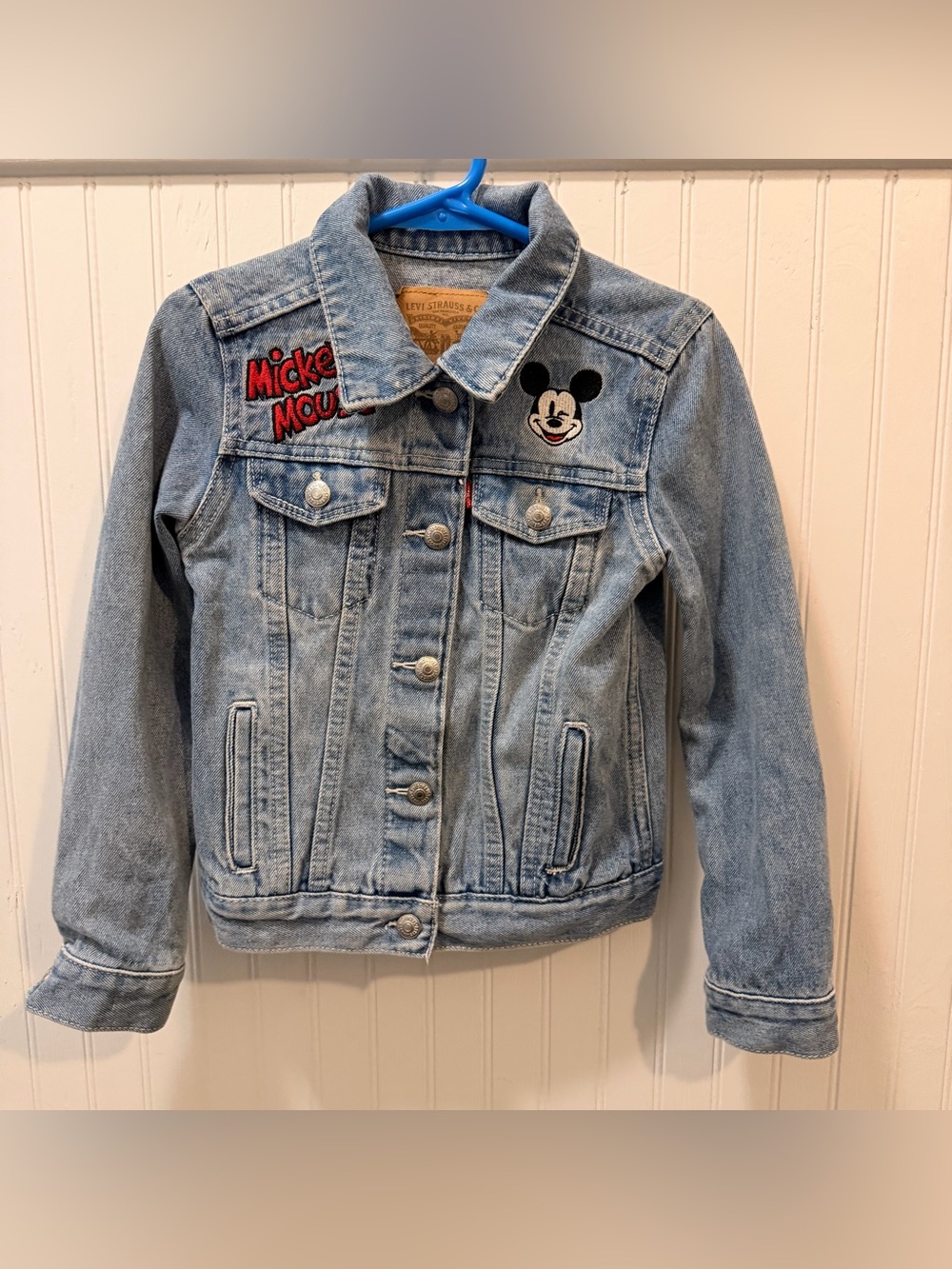 Levi's Light Blue Denim Trucker Jacket with Mickey Patches Size 5/6